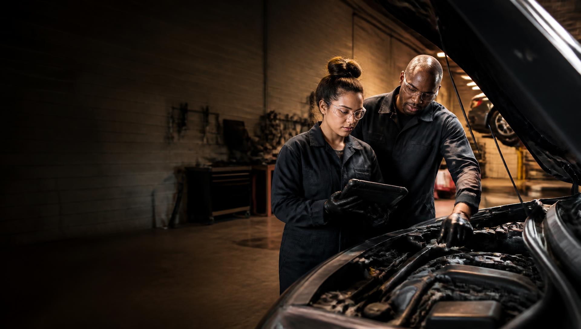 Automotive student and instructor using diagnostic equipment in a modern training workshop